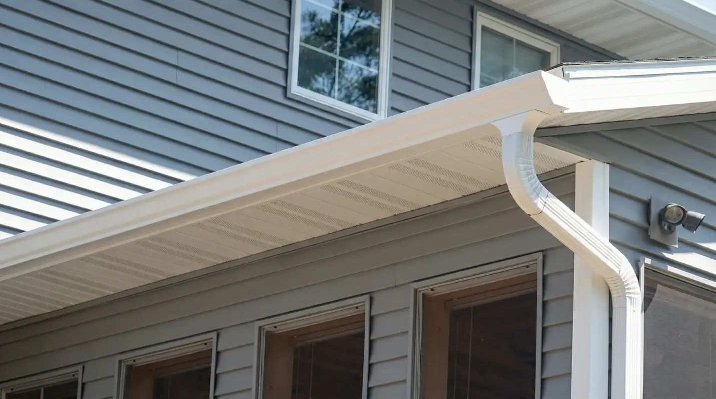 Professional home remodeling project showing newly installed white seamless gutters and downspouts on a house with gray siding in Bloomington, IN