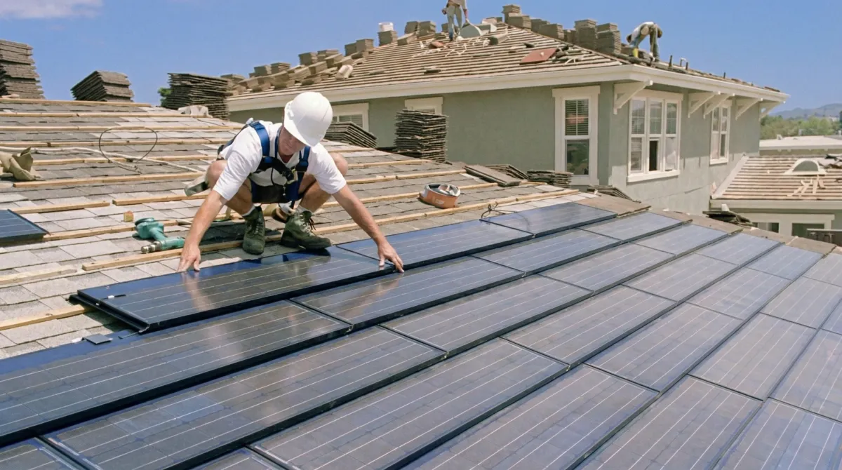 Roof replacement expert installing modern solar shingles on a residential home in Bloomington, IN