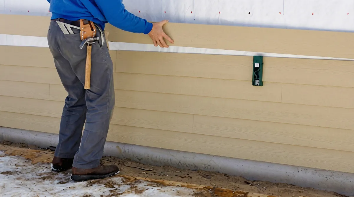 Siding replacement expert carefully aligning a new tan siding panel onto a residential exterior wall in Bloomington, IN
