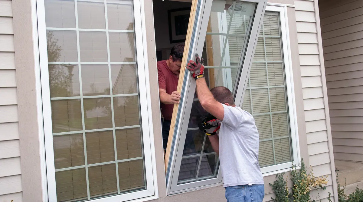 Professional home remodeling team installing a large replacement window on a house with tan siding in Bloomington, IN